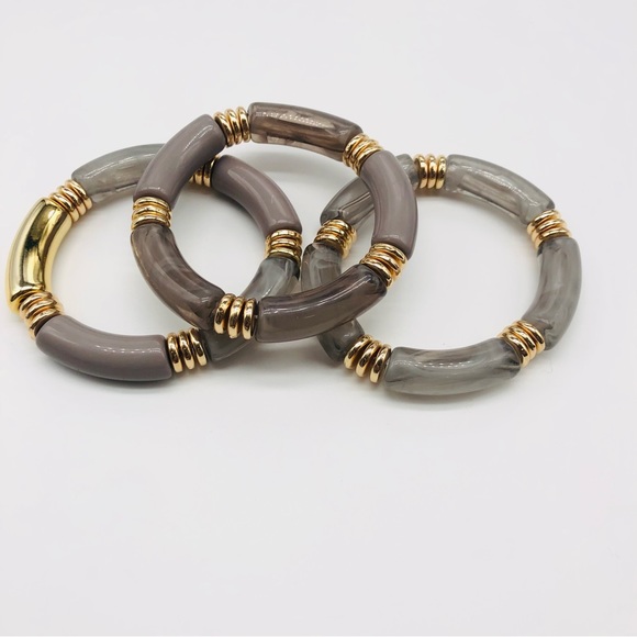 Stretch Stackable Gray and Gold Resin Bracelets - Picture 2 of 4